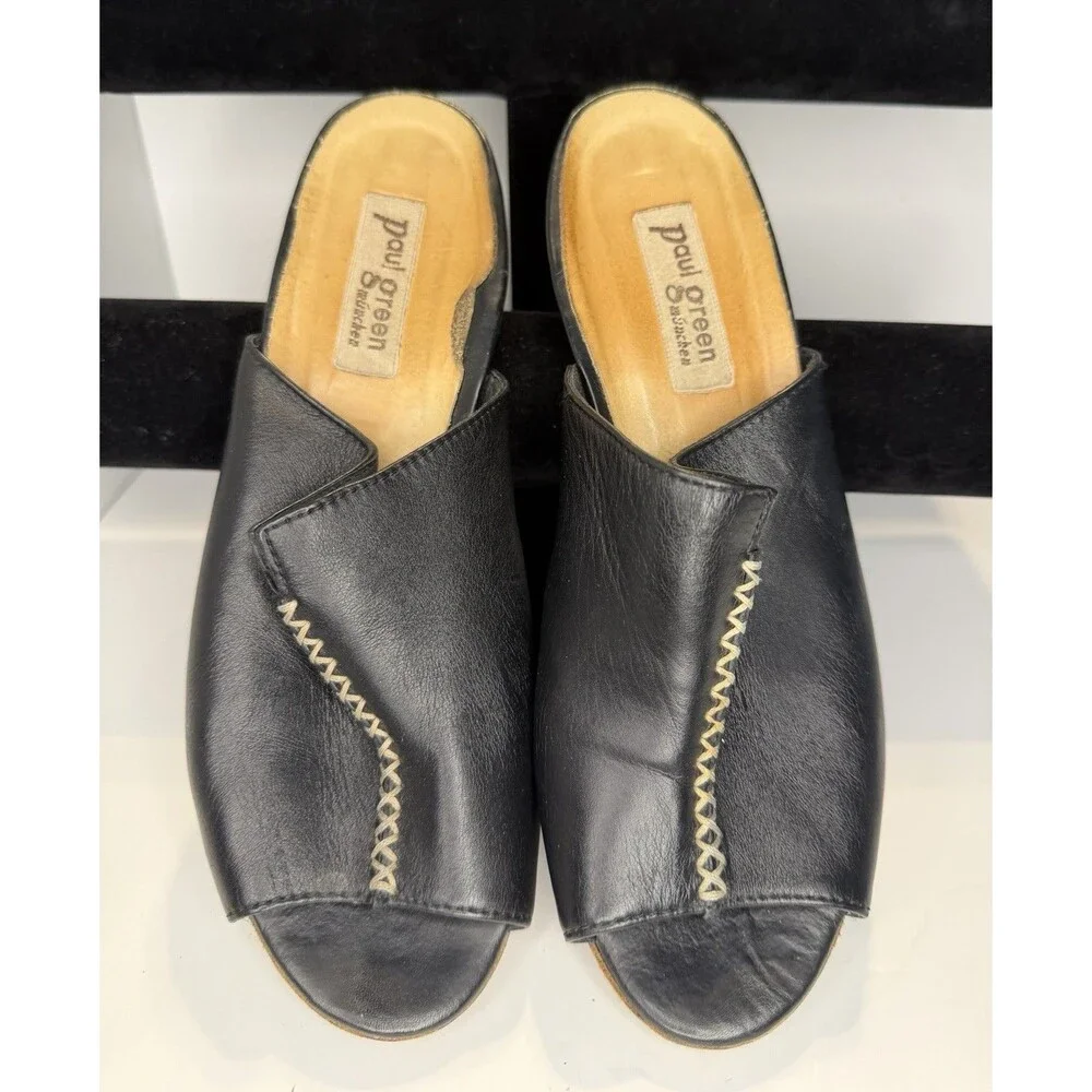 Paul Green Munchen Womens Sandals Mules Black Leather Slide Peep Toe Clogs 5.5
